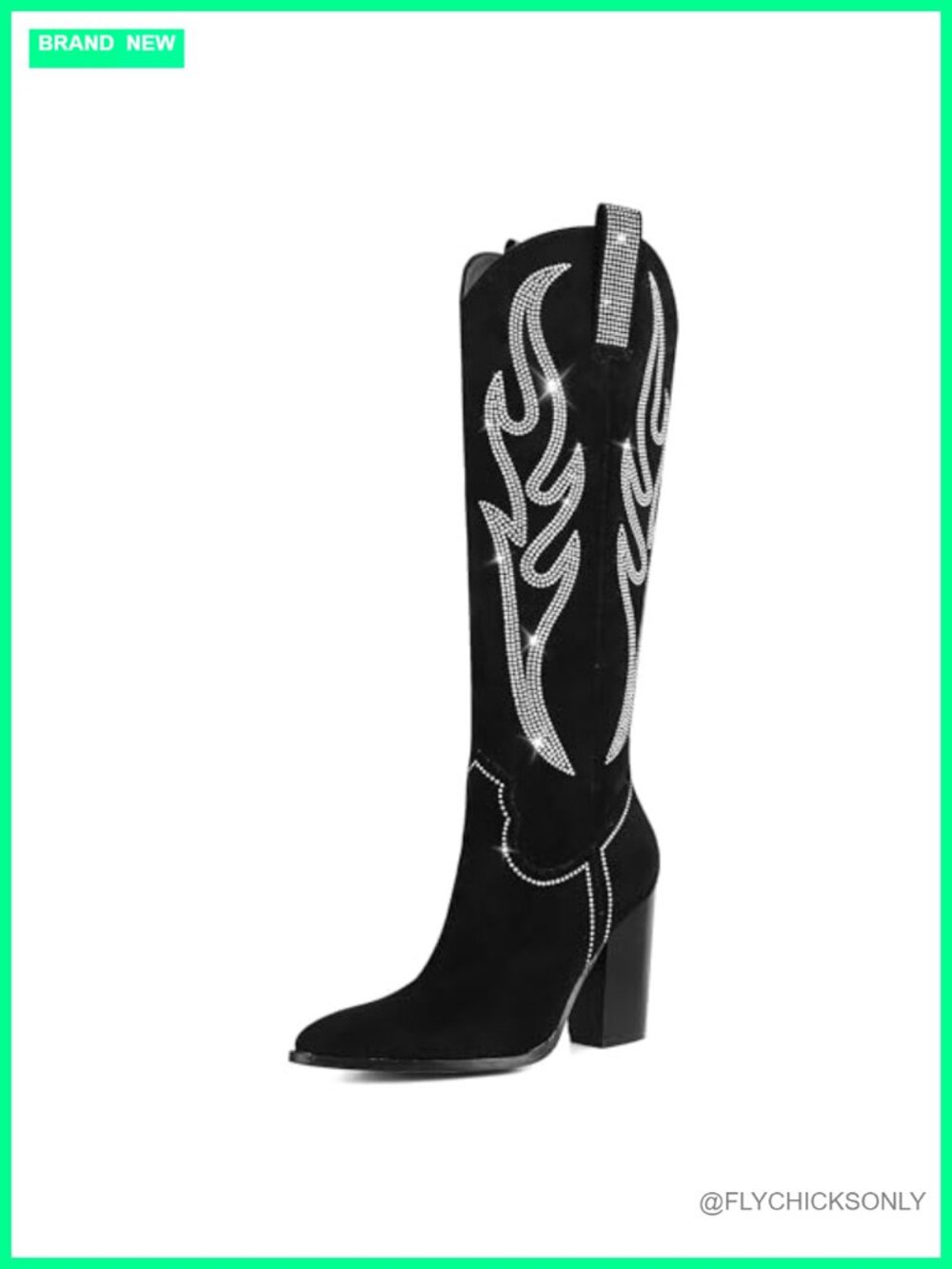Women's KneeHigh Rhinestone Embroidered Cowgirl Boots Chunky Heel
